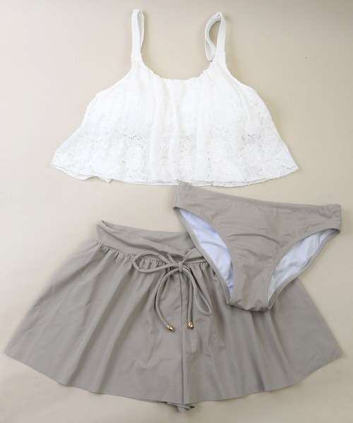 LEAD（リード）の「3点セットレース生地×無地フレアシンプルデザイン水着（水着・レディース・ブラック/オフホワイト/カーキ・M）」の14枚目の写真