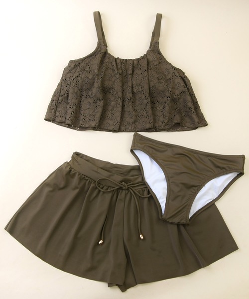LEAD（リード）の「3点セットレース生地×無地フレアシンプルデザイン水着（水着・レディース・ブラック/オフホワイト/カーキ・M）」の15枚目の写真
