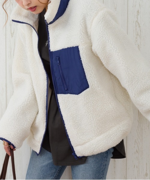 SpRay（スプレイ）の「ボアスタンド配色ブルゾン（ブルゾン・レディース・ホワイト×ブラック/ホワイト系その他/キャメル/ライトベージュ/ベージュ系その他・FREE）」の3枚目の写真