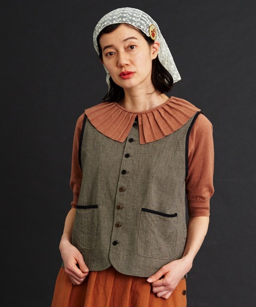 Malle（マル）の「malle コットン/リネンワッシャー　ハウンドトゥース　ベスト（ベスト・レディース・ブラック/ブルー・FREE）」の2枚目の写真