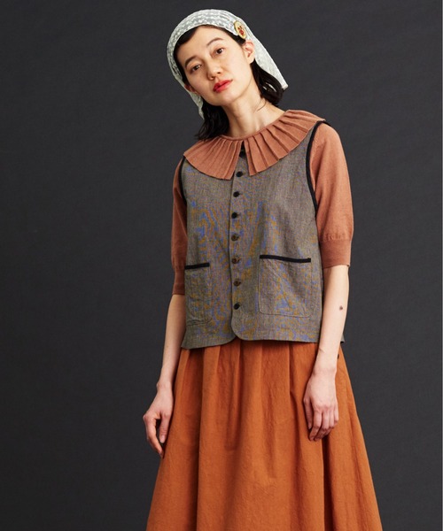 Malle（マル）の「malle コットン/リネンワッシャー　ハウンドトゥース　ベスト（ベスト・レディース・ブラック/ブルー・FREE）」の4枚目の写真