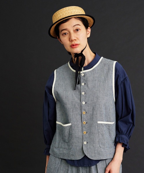 Malle（マル）の「malle コットン/リネンワッシャー　ハウンドトゥース　ベスト（ベスト・レディース・ブラック/ブルー・FREE）」の16枚目の写真