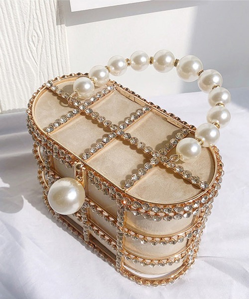 Jasmine Grandiflorum（ジャスミングランディフローラム）の「キラキラビジュー＆パールのスクエアハンドバッグ（ハンドバッグ・レディース・ブラック/ベージュ・FREE）」の7枚目の写真