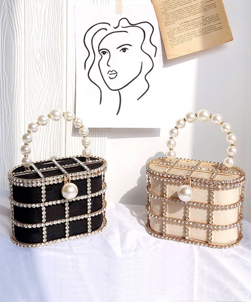 Jasmine Grandiflorum（ジャスミングランディフローラム）の「キラキラビジュー＆パールのスクエアハンドバッグ（ハンドバッグ・レディース・ブラック/ベージュ・FREE）」の10枚目の写真