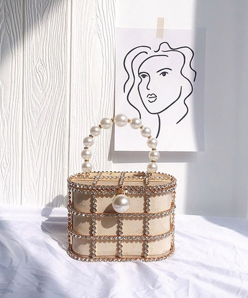 Jasmine Grandiflorum（ジャスミングランディフローラム）の「キラキラビジュー＆パールのスクエアハンドバッグ（ハンドバッグ・レディース・ブラック/ベージュ・FREE）」の13枚目の写真