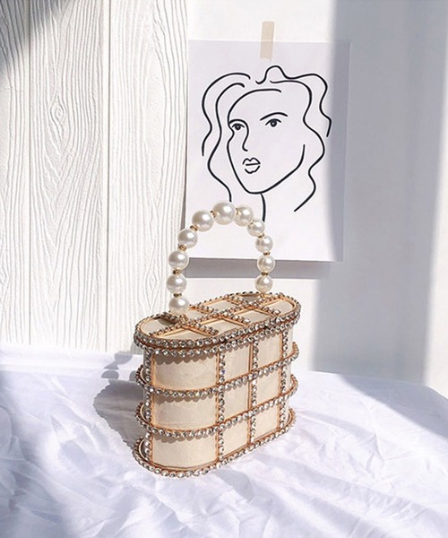 Jasmine Grandiflorum（ジャスミングランディフローラム）の「キラキラビジュー＆パールのスクエアハンドバッグ（ハンドバッグ・レディース・ブラック/ベージュ・FREE）」の14枚目の写真