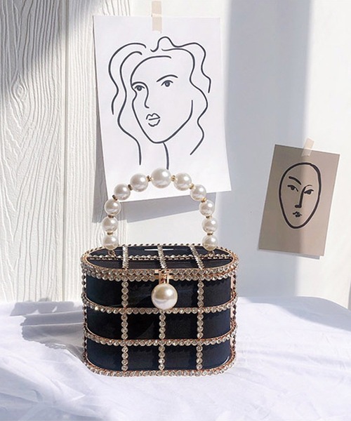 Jasmine Grandiflorum（ジャスミングランディフローラム）の「キラキラビジュー＆パールのスクエアハンドバッグ（ハンドバッグ・レディース・ブラック/ベージュ・FREE）」の17枚目の写真