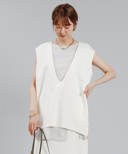 DouDou(ドゥドゥ)の「SET UP カットソー深Vベスト(ベスト・レディース・ブラック/オフホワイト/ボルドー・FREE)」の13枚目の写真