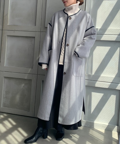 moment+（モーメントプラス）の「ニットメルトンパイピングノーカラーロングコート（ノーカラーコート・レディース・チャコールグレー/ブラック/ベージュ/ブラウン/オレンジ/グリーン/アイボリー/グレー系その他/ブラウン系その他/カーキ・S/M/L）」の5枚目の写真