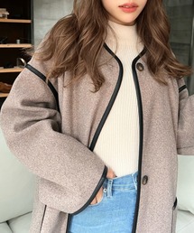 ニットメルトンパイピングノーカラーロングコート