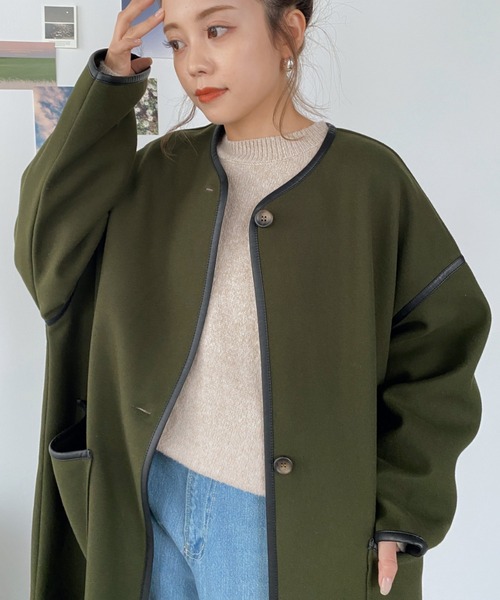 moment+（モーメントプラス）の「ニットメルトンパイピングノーカラーロングコート（ノーカラーコート・レディース・チャコールグレー/ブラック/ベージュ/ブラウン/オレンジ/グリーン/アイボリー/グレー系その他/ブラウン系その他/カーキ・S/M/L）」の8枚目の写真