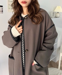 moment+ | 【2021A/W New Arrival】ニットメルトンノーカラーパイピングロングコート(ノーカラーコート)