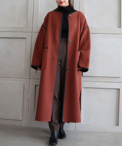 moment+（モーメントプラス）の「ニットメルトンパイピングノーカラーロングコート（ノーカラーコート・レディース・チャコールグレー/ブラック/ベージュ/ブラウン/オレンジ/グリーン/アイボリー/グレー系その他/ブラウン系その他/カーキ・S/M/L）」の10枚目の写真