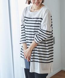 coen | パネルボーダー6分袖チュニックTシャツ(Tシャツ/カットソー)
