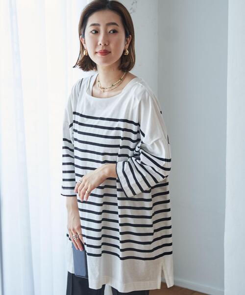 coen（コーエン）の「パネルボーダー6分袖チュニックTシャツ（Tシャツ/カットソー・レディース・ケリー/コバルトブルー/ブラック・FREE）」の4枚目の写真