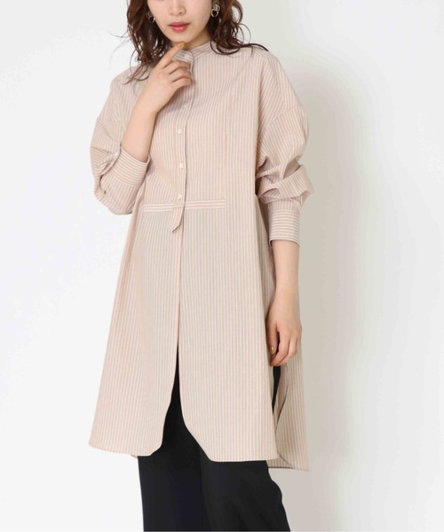 Jines（ジネス）の「バンドカラーラウンドスリットロングシャツ（シャツ/ブラウス・レディース・ブルー/オフホワイト/ベージュ・38）」の2枚目の写真