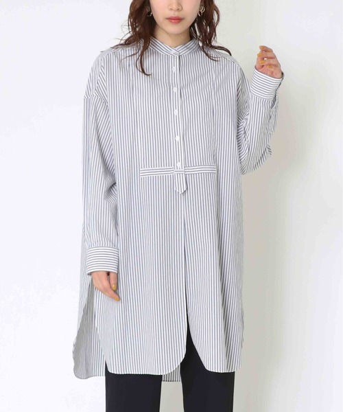 Jines（ジネス）の「バンドカラーラウンドスリットロングシャツ（シャツ/ブラウス・レディース・ブルー/オフホワイト/ベージュ・38）」の3枚目の写真