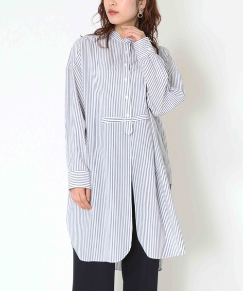 Jines（ジネス）の「バンドカラーラウンドスリットロングシャツ（シャツ/ブラウス・レディース・ブルー/オフホワイト/ベージュ・38）」の9枚目の写真