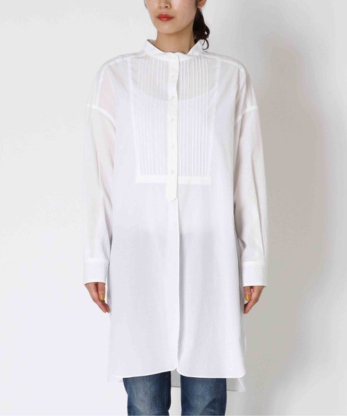 Jines（ジネス）の「バンドカラーラウンドスリットロングシャツ（シャツ/ブラウス・レディース・ブルー/オフホワイト/ベージュ・38）」の7枚目の写真