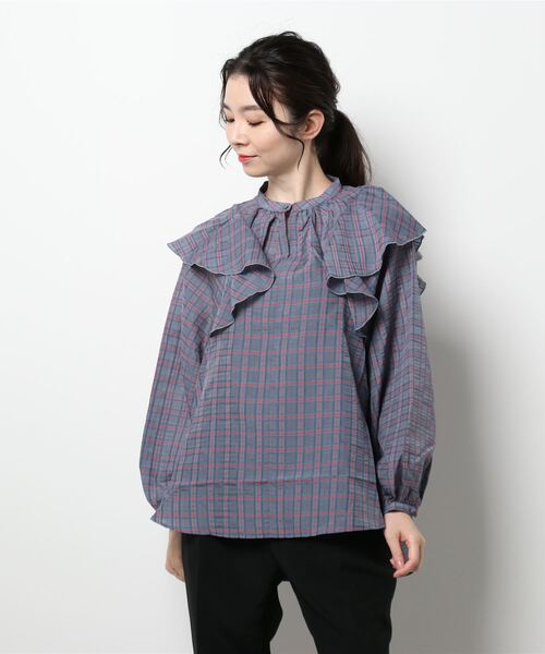 koe（コエ）の「チェック柄ボリュームスリーブフリルブラウス*（シャツ/ブラウス・レディース・ベージュ系その他4/イエロー系その他/ブルー系その他3・FREE）」の2枚目の写真