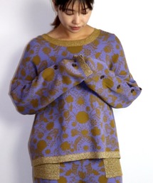 <moyan ecri>袖ボタンフラワージャガードニットカットプルオーバー