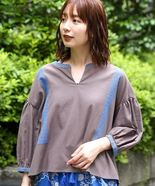 セール】キカクロス刺繍プルオーバー（シャツ/ブラウス