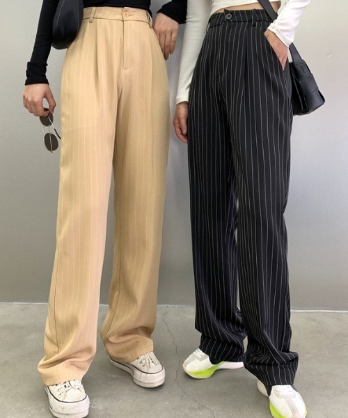 MANGROVE（マングローブ）の「ストライプパンツ（スラックス・レディース・ブラック/ベージュ・LARGE/MEDIUM）」の3枚目の写真