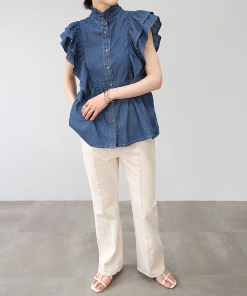 ＡＮＤＪ（アンドジェイ）の「6.5ozデニムフリルノースリーブブラウス（シャツ/ブラウス・レディース・ネイビー/ブルー・M）」の7枚目の写真