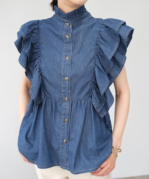ＡＮＤＪ（アンドジェイ）の「6.5ozデニムフリルノースリーブブラウス（シャツ/ブラウス・レディース・ネイビー/ブルー・M）」の3枚目の写真