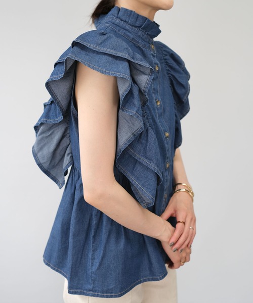 ＡＮＤＪ（アンドジェイ）の「6.5ozデニムフリルノースリーブブラウス（シャツ/ブラウス・レディース・ネイビー/ブルー・M）」の5枚目の写真