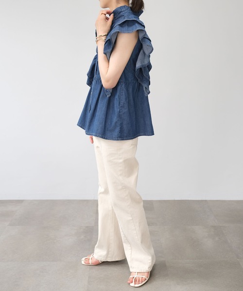 ＡＮＤＪ（アンドジェイ）の「6.5ozデニムフリルノースリーブブラウス（シャツ/ブラウス・レディース・ネイビー/ブルー・M）」の9枚目の写真