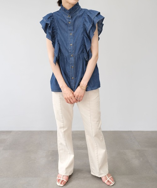 ＡＮＤＪ（アンドジェイ）の「6.5ozデニムフリルノースリーブブラウス（シャツ/ブラウス・レディース・ネイビー/ブルー・M）」の15枚目の写真