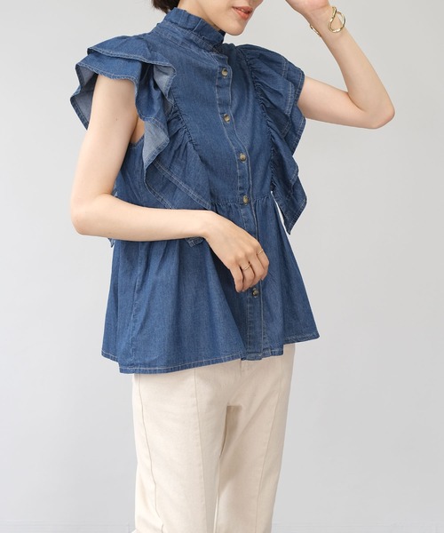 ＡＮＤＪ（アンドジェイ）の「6.5ozデニムフリルノースリーブブラウス（シャツ/ブラウス・レディース・ネイビー/ブルー・M）」の13枚目の写真