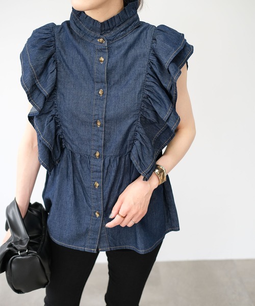 ＡＮＤＪ（アンドジェイ）の「6.5ozデニムフリルノースリーブブラウス（シャツ/ブラウス・レディース・ネイビー/ブルー・M）」の16枚目の写真