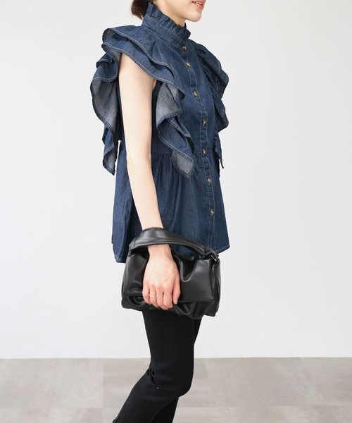 ＡＮＤＪ（アンドジェイ）の「6.5ozデニムフリルノースリーブブラウス（シャツ/ブラウス・レディース・ネイビー/ブルー・M）」の14枚目の写真