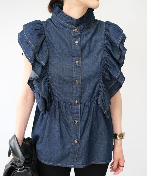 ＡＮＤＪ（アンドジェイ）の「6.5ozデニムフリルノースリーブブラウス（シャツ/ブラウス・レディース・ネイビー/ブルー・M）」の22枚目の写真