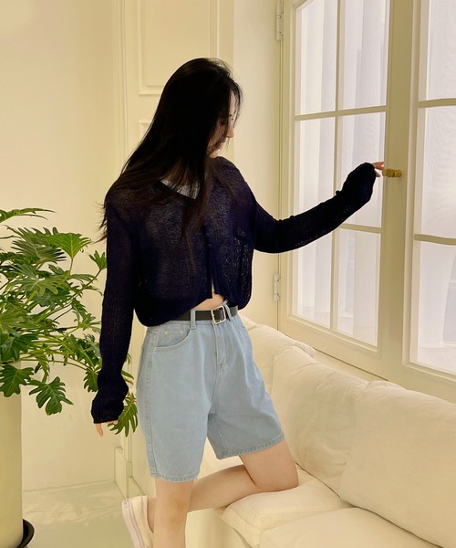 by muni:r(バイ ムニール)の「【お気に入り登録数3.4万突破!】シースルーカラークロップドガーディガン(ニット/セーター・レディース・ネイビー/ピンク/グリーン/アイボリー・FREE)」の21枚目の写真