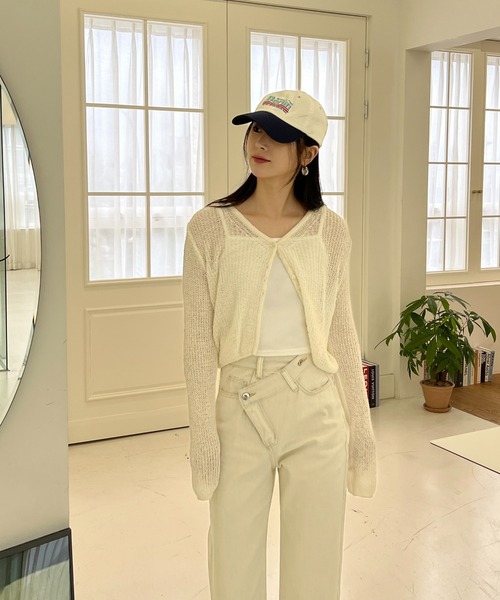 by muni:r(バイ ムニール)の「【お気に入り登録数3.4万突破!】シースルーカラークロップドガーディガン(ニット/セーター・レディース・ネイビー/ピンク/グリーン/アイボリー・FREE)」の5枚目の写真