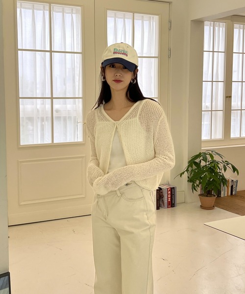 by muni:r(バイ ムニール)の「【お気に入り登録数3.4万突破!】シースルーカラークロップドガーディガン(ニット/セーター・レディース・ネイビー/ピンク/グリーン/アイボリー・FREE)」の15枚目の写真