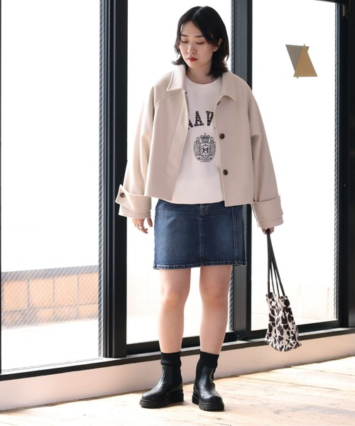 cepo(セポ)の「カットメルトン ショートジャケット(ステンカラーコート・レディース・ブラウン/グレー/オフホワイト・M)」の6枚目の写真