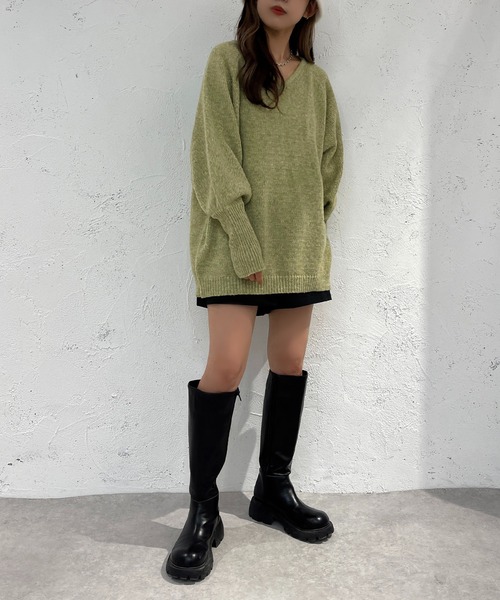 apres jour mignon(アプレジュールミニョン)の「Vネックチュニックニット【ZOZOTOWN限定アイテム】(ニット/セーター・レディース・ベージュ/ピンク系その他/グリーン・X-LARGE/フリー)」の15枚目の写真