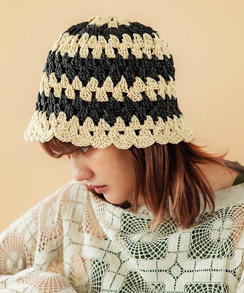 CONTROL FREAK / CTFK（コントロールフリーク）の「CONTROL FREAK(コントロールフリーク)透かし編みスカラップハット（ハット・レディース・ストライプ/グリーン/ホワイト/ブラック・FREE）」の4枚目の写真