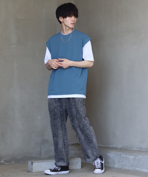 SITRY(シトリー)の「amundsen cloth fake layered T-shirt /梨地 フェイクレイヤード Tシャツ(Tシャツ/カットソー・メンズ・グレイッシュブルー/ライトグレー/ブラック・M/L)」の14枚目の写真