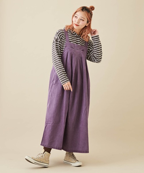 CUBE SUGAR（キューブシュガー）の「綿テンセルツイル顔料染サロペットワンピース（ジャンパースカート・レディース・パープル/スミクロ/カーキ・M）」の21枚目の写真