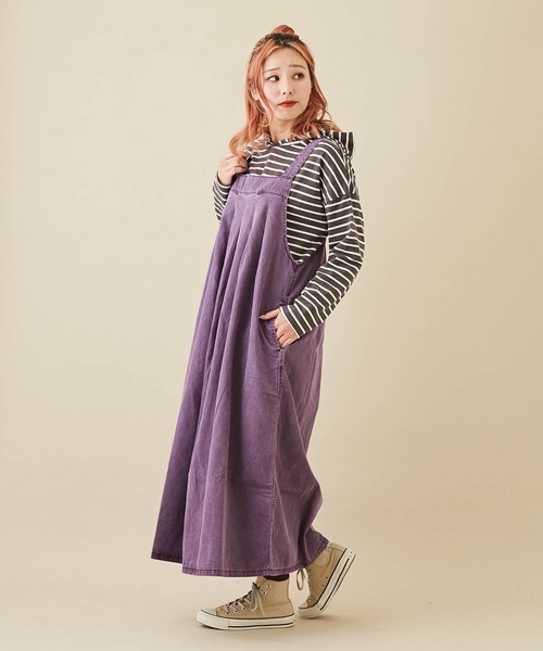CUBE SUGAR（キューブシュガー）の「綿テンセルツイル顔料染サロペットワンピース（ジャンパースカート・レディース・パープル/スミクロ/カーキ・M）」の22枚目の写真