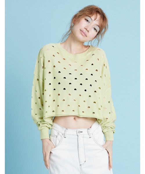 Little sunny bite(リトルサニーバイト)の「《Little sunny bite》Perforated short knit top(ニット/セーター・レディース・ホワイト/グリーン・FREE)」の1枚目の写真