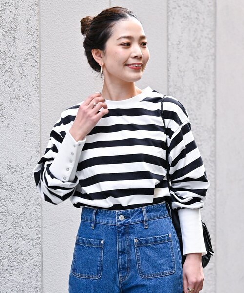 B.C STOCK（ベーセーストック）の「《追加》ロングカフスカットプルオーバー（Tシャツ/カットソー・レディース・ブラック系その他/ブラック/ホワイト・FREE）」の13枚目の写真