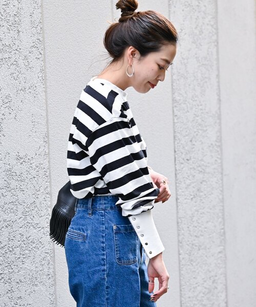 B.C STOCK（ベーセーストック）の「《追加》ロングカフスカットプルオーバー（Tシャツ/カットソー・レディース・ブラック系その他/ブラック/ホワイト・FREE）」の15枚目の写真