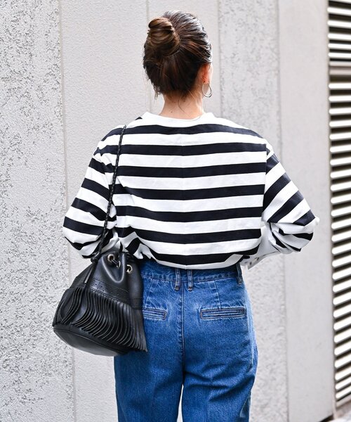 B.C STOCK（ベーセーストック）の「《追加》ロングカフスカットプルオーバー（Tシャツ/カットソー・レディース・ブラック系その他/ブラック/ホワイト・FREE）」の4枚目の写真