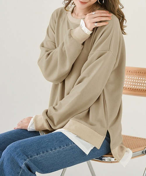Miniministore(ミニミニストア)の「レイヤード風 スウェットトレーナー 春秋(スウェット・レディース・ブラック/ダークグレー/ベージュ/ブルー/イエロー/ブルーグレー/グリーン/カーキブラウン・フリー)」の6枚目の写真